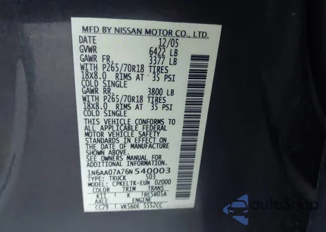 2006 Nissan Titan Se from USA, damaged, VIN 1N6AA07A76N540003